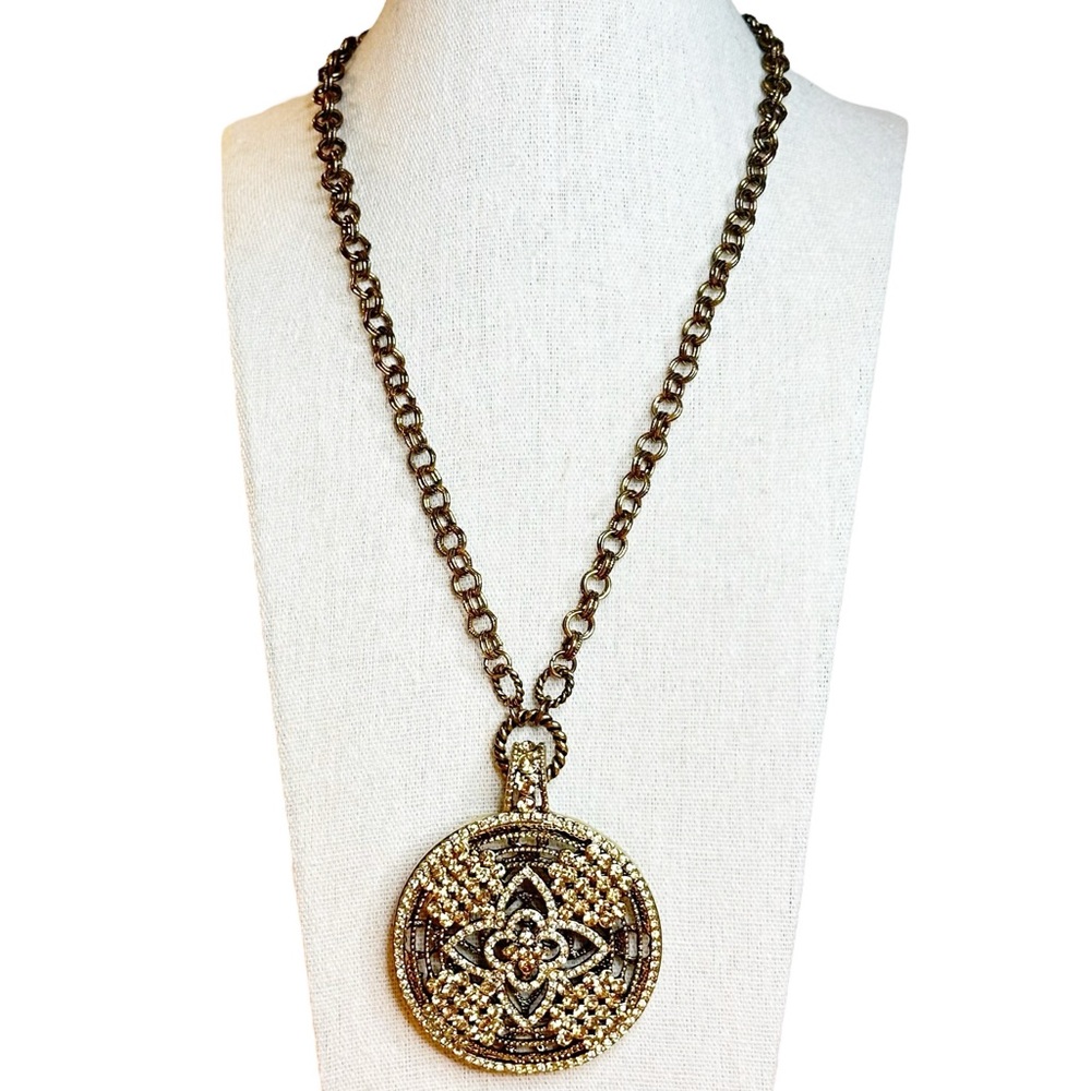 Cara NY Bronze Tone Taupe Rhinestone Medallion Pendant Necklace